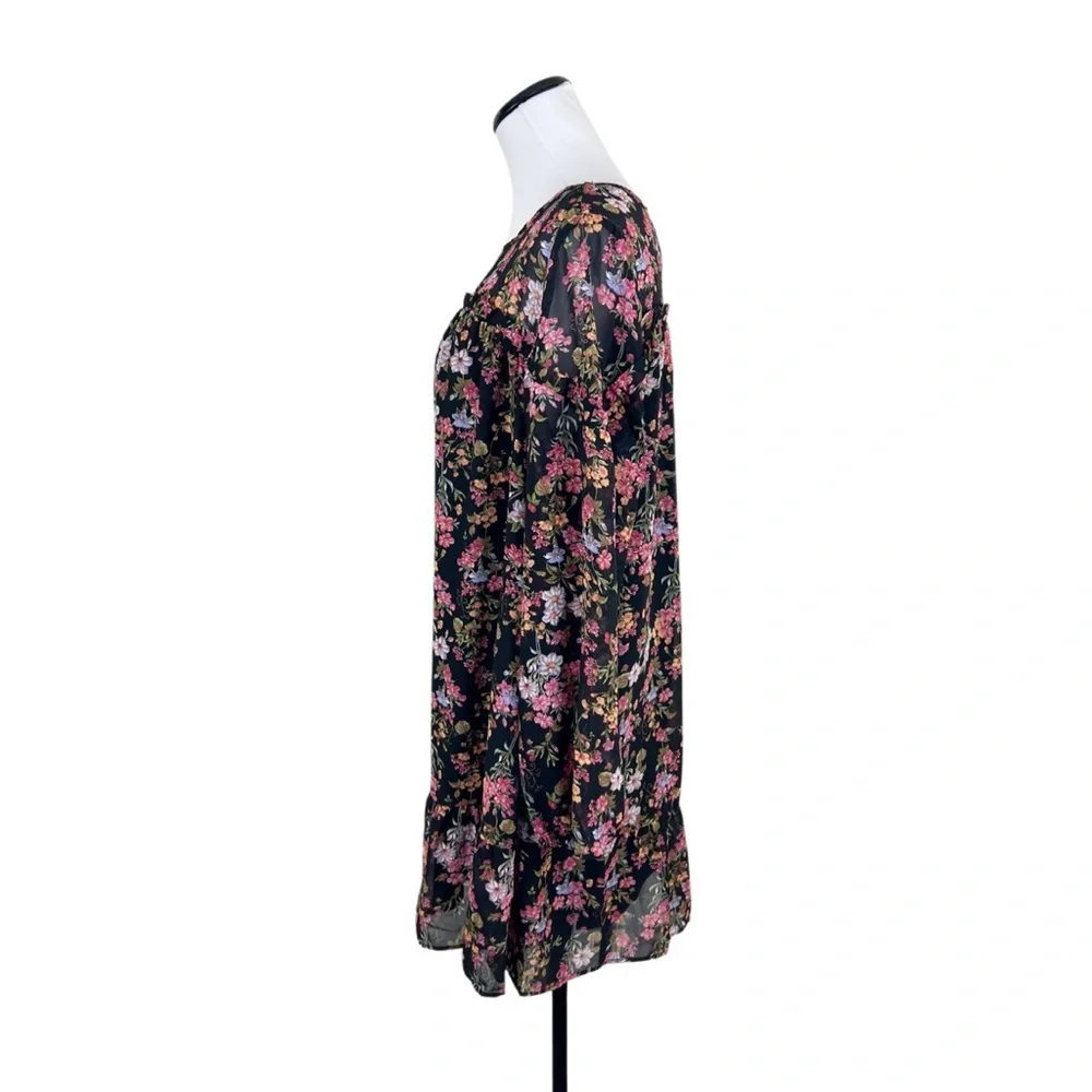 Time and Tru Long Sleeve Floral Ruffle Yoke Shift Dress Black Pink Size Large